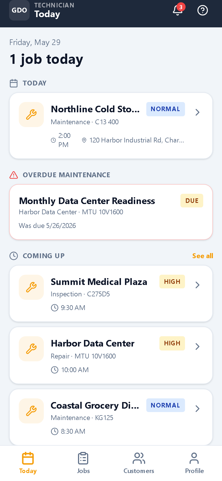 Technician today mobile view